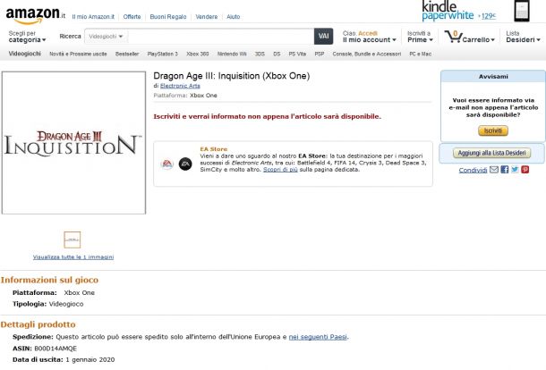 Dragon Age 3 per Xbox One compare su Amazon